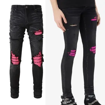 AIPA Skinny jeans color negro oscuro a juego rasgado parche jeans hombres versión coreana tendencia ajustado pantalones de pierna recta