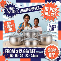 Ensemble de 5 casseroles 16 18 20 22 24 cm, entièrement en acier, poignées soudées, sans plastique, couvercle en verre anti-craquellement, avec trou de vapeur, pour cuisinière à gaz, cuisine domestique