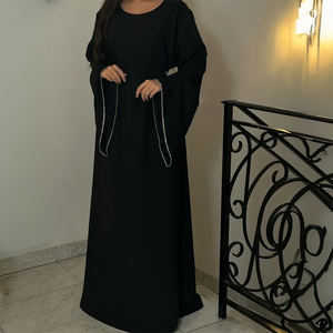 100% Polyester Black Casual Belted Abaya Flounce Sleeve Modest Islamic Maxi Dress for Muslim Women - Product Image 1