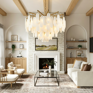 Luxury Brass Spanish Alabaster Chandelier Modern Natural Stone Pendant <b>Light</b> for Living Room <b>Dining</b> Room Villa Decor - Product Image 1