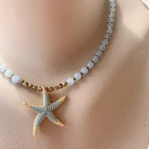 Ouj China wholesale seastar pendant sterling silver healing crystal beaded gemstone necklace