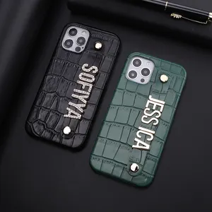 Custom Name Luxury Crocodile Leather Phone Case For iPhone 15 14 13 Pro Max Mini XS XR SE 7 8Plus Diamond Metal Letters Cover