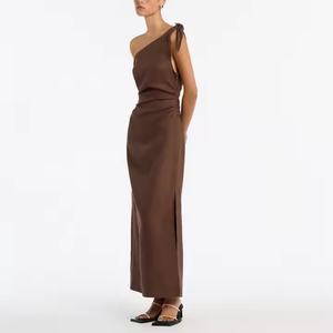 Vestido Maxi de Lino de Alta Calidad para Mujer, Estilo Casual, Abertura Alta, Vestido Largo de Una Sola Manga, Sin Mangas, para Verano y Primavera, Color Sólido - Product Image 3