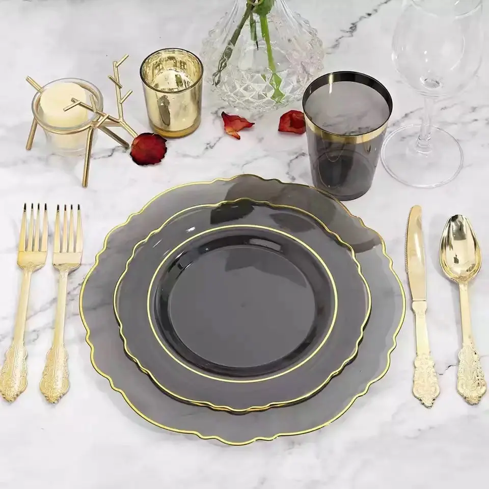 Elegant Gold Dinnerware Party Set Plastic Wedding Dinner Service