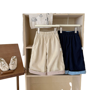 Pantalones de <span class=keywords><strong>Pana</strong></span> de Pierna Ancha para Niños, Cintura Elástica, Diseño a Cuadros, Puños Doblados, para Niños y Niñas, Otoño Invierno, Casuales, Cálidos, Color Crema y Azul Marino - Product Image 2