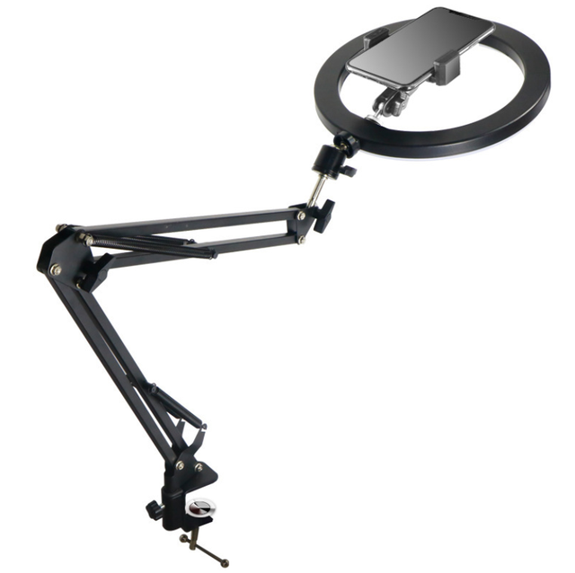 Universal Adjustment Gooseneck Metal Arm Clip-on Desk Mount Phone Holder with 10'' Inch LED Ring Light
