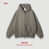 Hoodie OSTAR Custom OEM ODM Full Zip, Fleece Tebal, Fit Longgar, Bordir Puff Print, Drop Shoulder