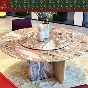 Mesa Redonda Giratoria de Mármol Rosa con Vetas Naranjas para Comedor de Villa de Lujo, Pedestal Híbrido de Mármol y Madera, OEM ODM - Product Image 2