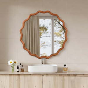 Yellowish Brown 30 Inch Wavy Round Solid Wood Frame Decorative <b>Mirror</b> For Bedroom Bathroom Living Room Entryway - Product Image 1