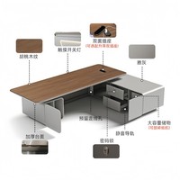 Bureau de direction haut de gamme en forme de L avec plateau en placage de bois, bande lumineuse LED latérale et armoire assortie pour bureau de PDG d'entreprise