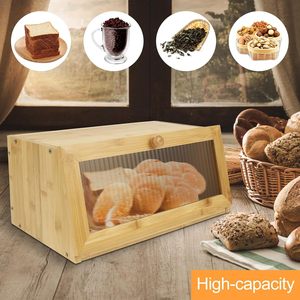 Boîte à pain en bambou avec porte en verre, couleur naturelle, rangement de cuisine pour le bureau, présentoir pour aliments et pain - Product Image 5