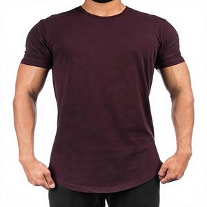 T-shirt personnalisé en gros pour hommes, à manches courtes, coupe ajustée, style musculation, avec ourlet incurvé, en coton uni de qualité supérieure, coupe longue, style streetwear à bord festonné - Product Image 1