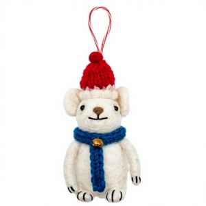 Adorno Navideño de Oso Polar Tejido a Mano, Ecológico, Rústico y Tradicional, 100% Lana, con Gorro Rojo, Bufanda Azul y Campana, para Colgar en la Pared - Product Image 2