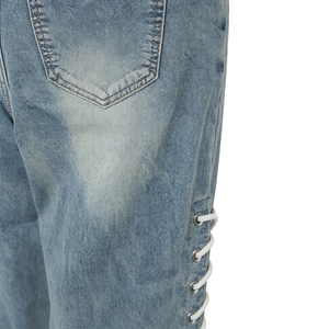 Unique Faded Light Blue Washed Loose Wide Leg Denim <b>Trousers</b> with Side Lace-up Design for <b>Y2K</b> Retro Streetwear Daily Casual - Product Image 5