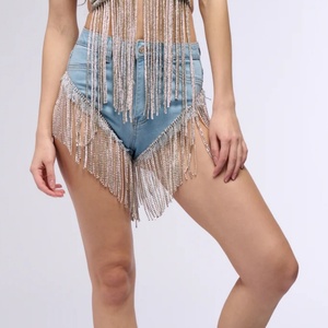 Shorts de Mezclilla de Alta Calidad con Pedrería, Cintura Alta, Lentejuelas y Flecos, para Mujer - Product Image 2