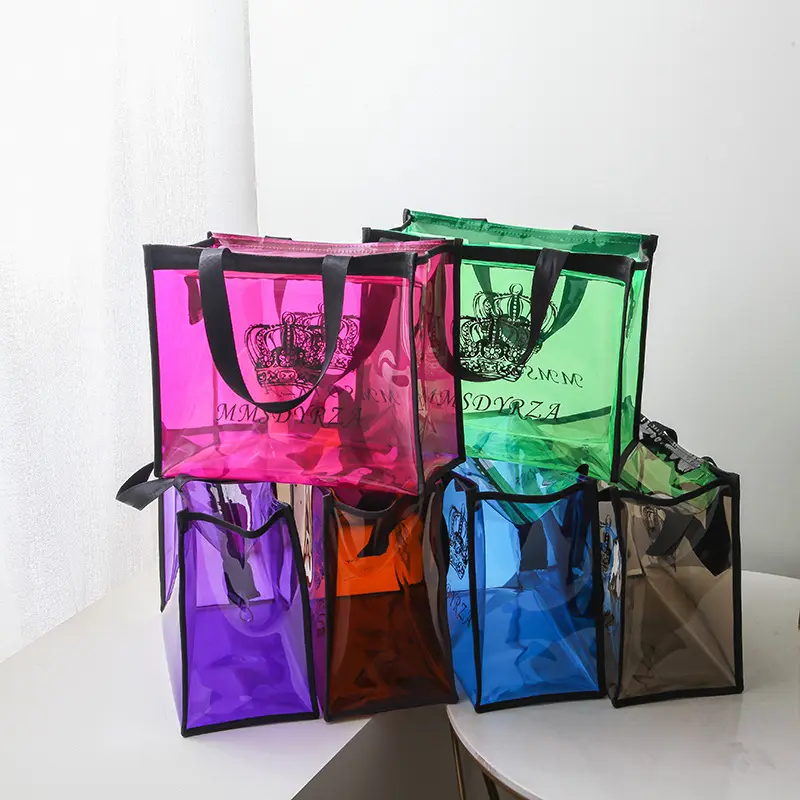 사용자 정의 인쇄 자신의 로고 명확한 pvc 토트 백 다채로운 재활용 생분해 성 투명 슬라이더 지퍼 가방