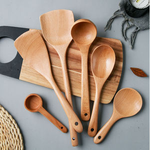 Juego de utensilios de madera de 6 piezas, espátula, cuchara, cucharón y colador de madera de haya para cocinar, freír y servir. - Product Image 3
