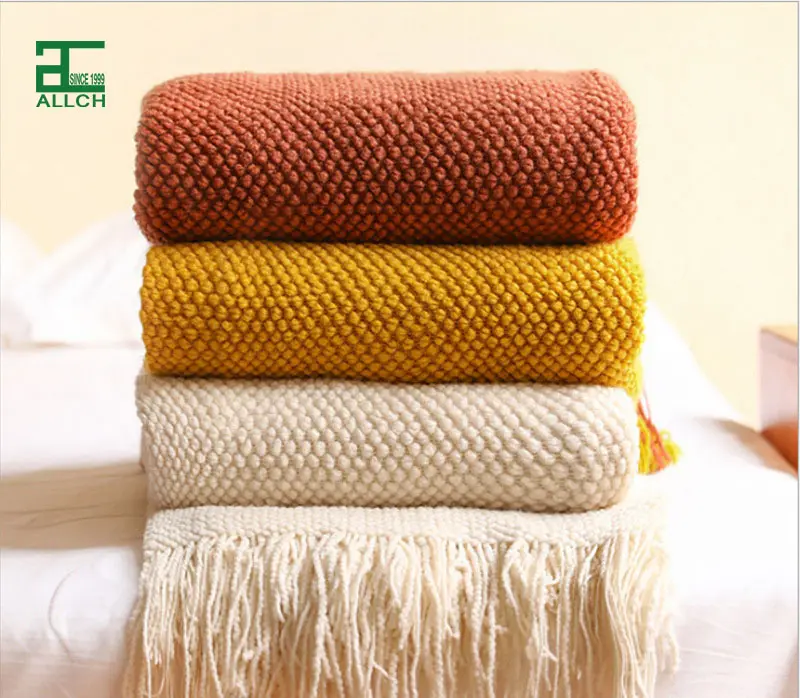 ALLCH Acrylic Knitted Super Soft Warm Cozy Lightweight Decoration Blanket for Sofa Chair Couch Bed Throw Blanket with Tassel