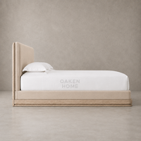 Lit plateforme King Size OAKEN en bois massif, entièrement rembourré, avec tête de lit blanche, cadre en bois chaleureux, confortable, mobilier de chambre à coucher