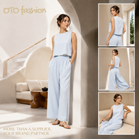 Ensemble pantalon deux pièces en mousseline pour femme, haut court sans manches à col rond et pantalon large à taille élastique, tenue décontractée d'été assortie