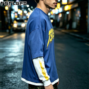 Custom Boxy Faux Layer T-<b>Shirt</b> Men Royal Blue <b>Flame</b> Print White Long Sleeve Oversized Men'S T-<b>Shirts</b> Manufacturers Bulk - Product Image 3