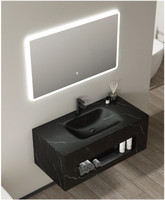Meuble de salle de bain mural de luxe en pierre artificielle, motif marbre, avec vasque intégrée, miroir LED à capteur et rangement