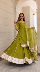 Super Quality Falguni <b>Green</b> <b>Long</b> Kurta <b>Skirt</b> Set with Potli Bag and Multi Size Available Plain Pattern Kurta <b>Skirt</b> Set - Product Image 2