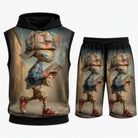 Ensemble de survêtement d'été pour hommes grandes tailles, haut sans manches et short en coton 100% premium, imprimé art surréaliste, style streetwear, vente en gros
