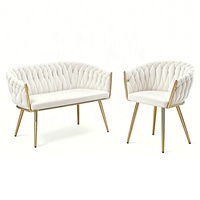 Fauteuil d'appoint en velours pour salon, style luxe léger, avec dossier tissé à la main et pieds en métal doré