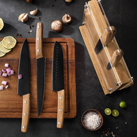 TOALLWIN Nouvelle Tendance Couteaux de Cuisine de Haute Qualité à Lame Noire Revêtue et 3 Rivets, Manche en Bois, avec Bloc en Bois