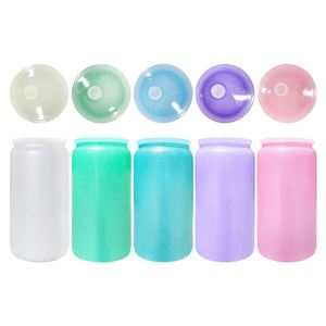 Elegant Shaped <b>Drinking</b> Glasses 16oz Textured Rough <b>Glitter</b> Powder Coated Glass Can with Plastic Lid and Straw - Product Image 4