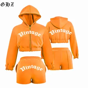 Custom Patch Logo Women 2 Pcs Tracksuit Set Acid Distressed Zip up Hoodies And Short Women Clothing Plus Size Terry Outfit