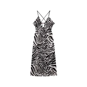 Trend kadın kıyafetleri 2024 moda spagetti kayma Rayon Zebra baskı toptan kadınlar için ucuz rahat elbise yaz giysileri