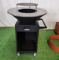 Barbecue mobile d'extérieur en acier Corten avec table brasero et bordure en bois rond pour les rassemblements dans le jardin ou la cour