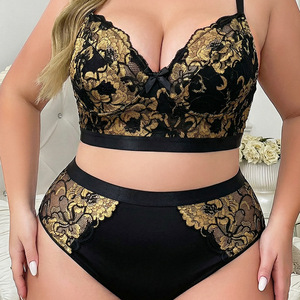 Black and gold color-blocked <b>lace</b> plus-size lingerie set, offering support, shaping, high <b>elasticity</b>, breathability, high - Product Image 1