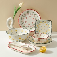 Service de table en céramique sous glaçure motif tulipe, compatible micro-ondes, bols à riz, assiettes carrées et rondes, collection élégante pour la maison