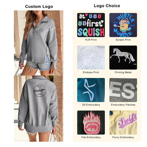 Mujeres invierno cuello en V de gran tamaño lado Split Stitch pulóver bordado personalizado ropa de calle de un solo pecho sudaderas 100% algodón - Product Image 2