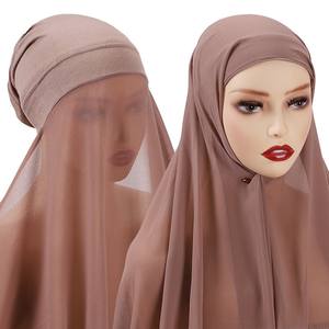 Écharpe à capuche en mousseline de soie musulmane traditionnelle pour femmes ensemble couleur unie Hijab instantané enveloppement foulard casquette châle-voile à la mode pour - Product Image 2
