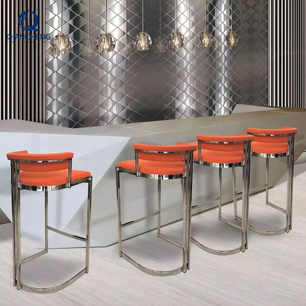 Oficina nórdica marco de acero cromado pierna de metal silla industrial bar taburete muebles Foshan silla alta para cocina isla hogar bar