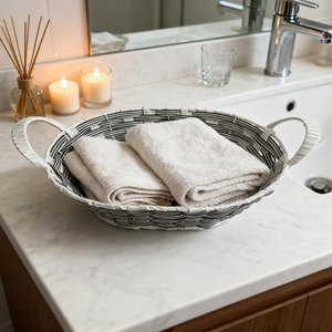 PP Rattan Aufbewahrung skorb für Früchte Snacks Spielzeug Bücher Handtuch behandelt Ovaler Eisen rahmen Hand gefertigter Kunststoff Weidenkorb Grau Weiß - Product Image 6