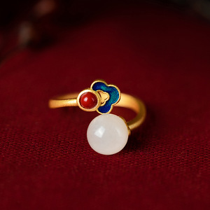 Sterling Silver Antique Gold <b>Ring</b> With Natural Hetian <b>Jade</b> Enamel Chinese Style Open Design Flower Shape Auspicious Clouds - Product Image 1