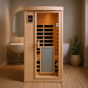 Salle de sauna infrarouge lointain en hemlock pour une personne avec porte avant à faible EMF et panneau de commande informatique - Product Image 2