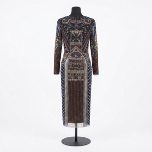 Robe de cocktail géométrique à manches longues multicolores pour femmes, ornée à la main de perles décoratives vibrantes, élégante - Product Image 3