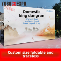 Stand backdrop kain lipat portabel 8ft*8ft, rangka aluminium stainless steel, cetak CMYK, tahan api, ringan