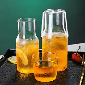 1Set Bedside Water Carafe Iced Tea Cups Pitcher with Lid Drink Lemonade Glass Teapot Pot and Tumbler Cup Set for Home Restaurant