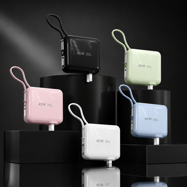High Capacity 10000mAh 45W Portable Power Bank Type-C Fast Charging Mini Travel Power Bank with Built-in Cable and AC Wall Plug