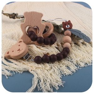 2 adet/takım ahşap silikon bebek diş kaşıyıcı diş çıkarma bilezik emzik tutucu klip silikon boncuk bebek kukla zinciri - Product Image 2