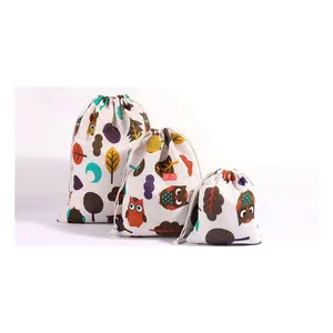 Customized Size Jewellery Gift Bag Reusable Cloth Drawstring Gift Bags Owl Printed Storage Pouch Cotton Bag