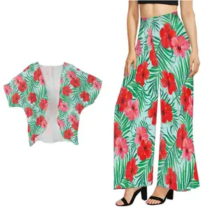 Red Hibiscus Hawaii Style Pallazo Wide Leg Pant for Women 2piece Sets Cardigan Blouse Wide Leg Pants Loose Elegant Casual Custom