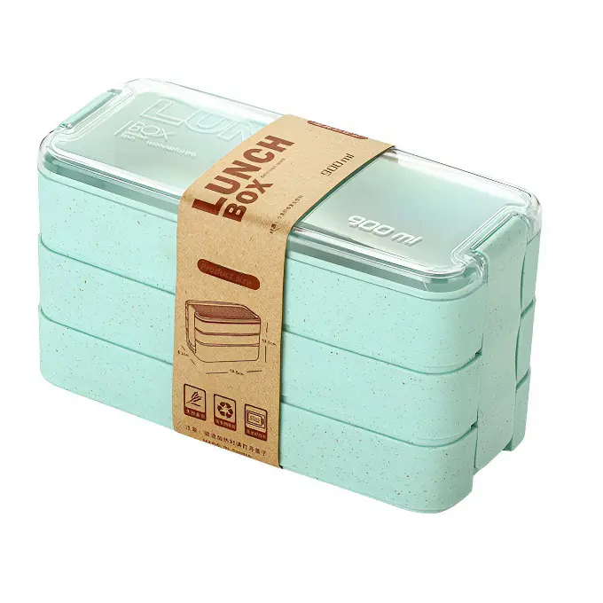 Amz Hot vendas caixa bento plástico personalizado trigo palha conjunto escritório portátil 3 camada adultos lancheira